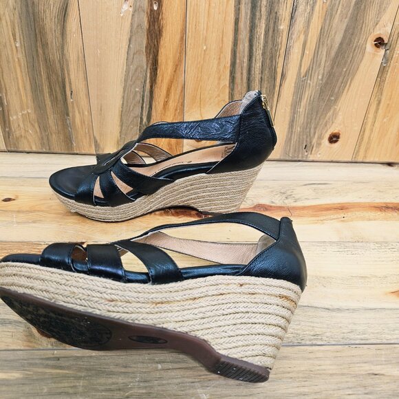 Sofft Black Espadrille Leather Wedge Strappy Sandals Size 9 - Picture 4 of 7